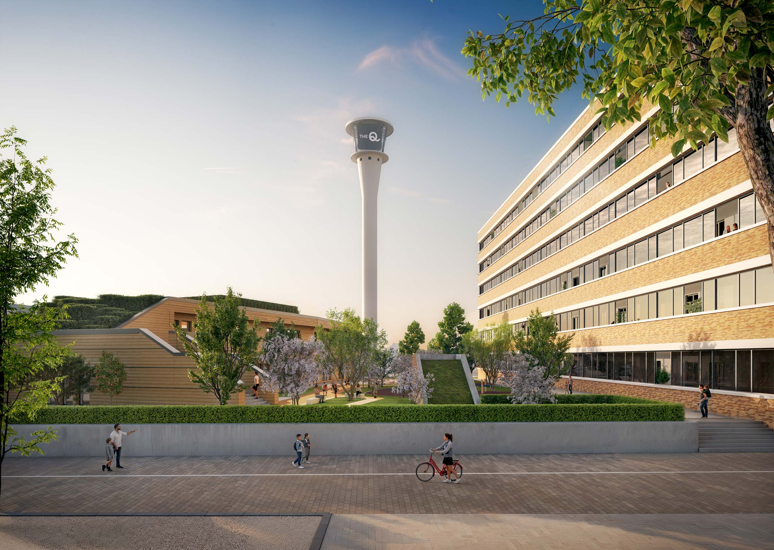 The-Q_3D-Visu-3_KiTa 3D-Visualisierung The Q – Blick auf Quelle-Turm und neue Kindertagesstätte im Quartier