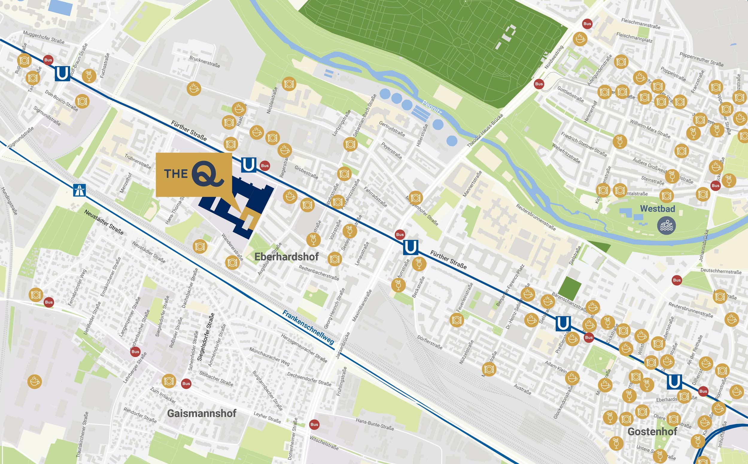 The Q - Mikrolage - Übersicht der Restaurants und Cafes